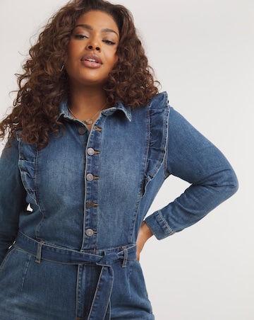Blue Vintage Denim Boiler Suit With Frill Detail