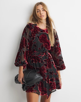 Red Burnout Devoure Godet Skater Dress