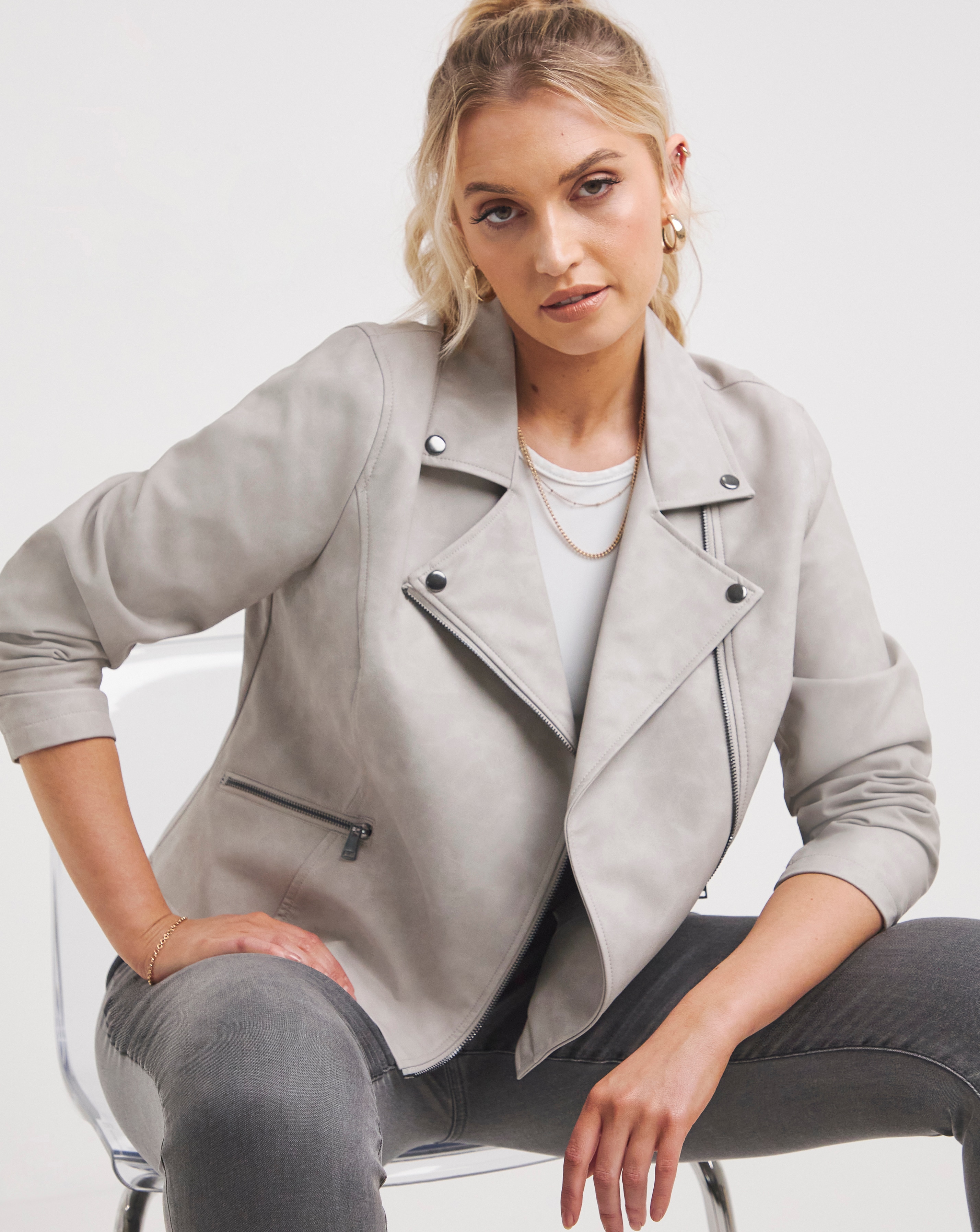 Grey Faux Leather Biker Jacket Simply Be