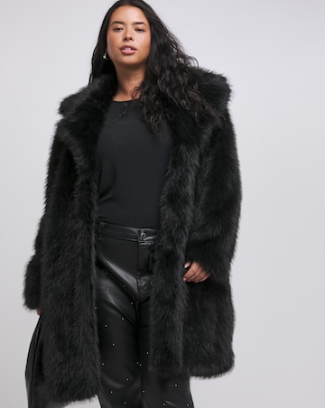 Black Longline Collar Revere Faux Fur Coat
