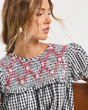Neon Rose Gingham Smock Mini Dress with Red Contrast Smocking Stitch Detail
