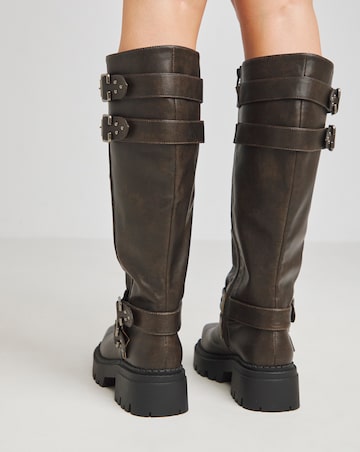 Hendrix Chunky Buckle Calf Height Biker Boots - Wide Fit (E) & Super Curvy Calf