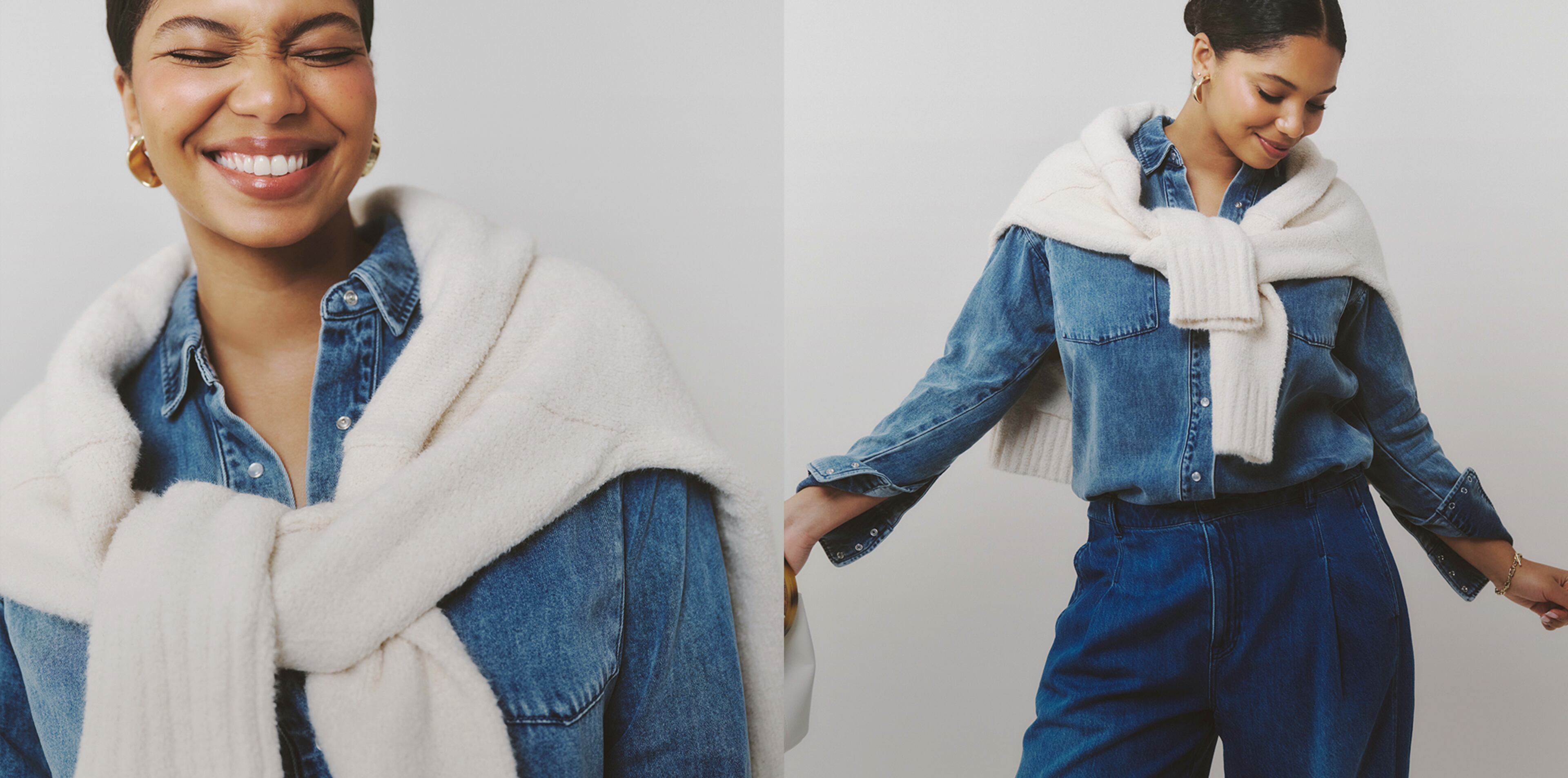 Model wears new season denim shirt and jeans