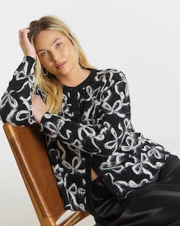 Simply Be Black Bow Print Fluffy Crew Neck Cardigan