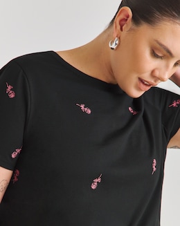 Black Roses Embroidered T-Shirt