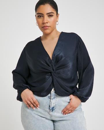 Simply Be Navy Knot Front Velvet Satin Long Sleeve Blouse