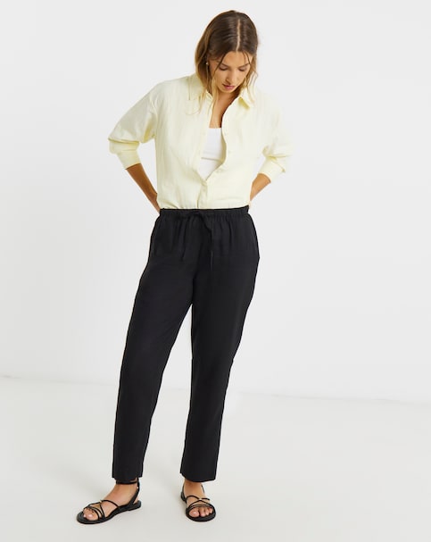 Simply Be Black Tie Waist Linen Mix Tapered Trousers
