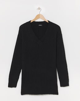 Black Slouchy V Neck Ribbed Longline Jumper