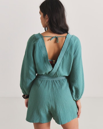 Shirred Detail Long Sleeve Plunge Beach Playsuit