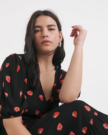 Fruit Print Crinkle Wrap Midi Dress