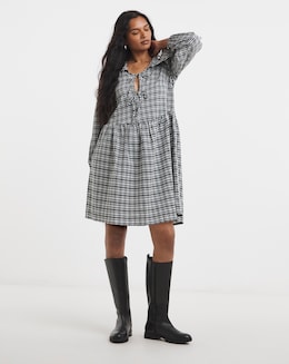 Mono Checked Collared Tie Front Smock Dress