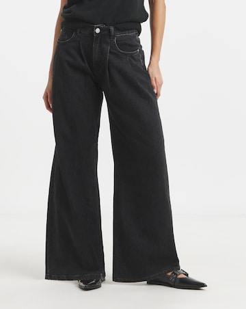 Washed Black Double Pleat Detail Wide Leg Jeans