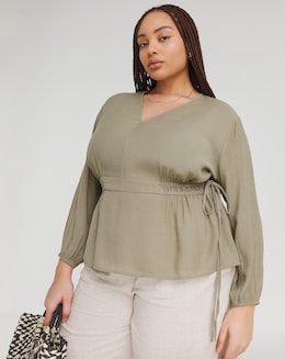 Simply Be Khaki Plunge Elasticted Waist Long Sleeve Blouse