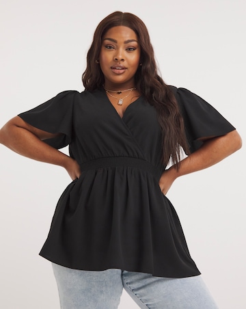 Black Shirred Waist Angel Sleeve Blouse