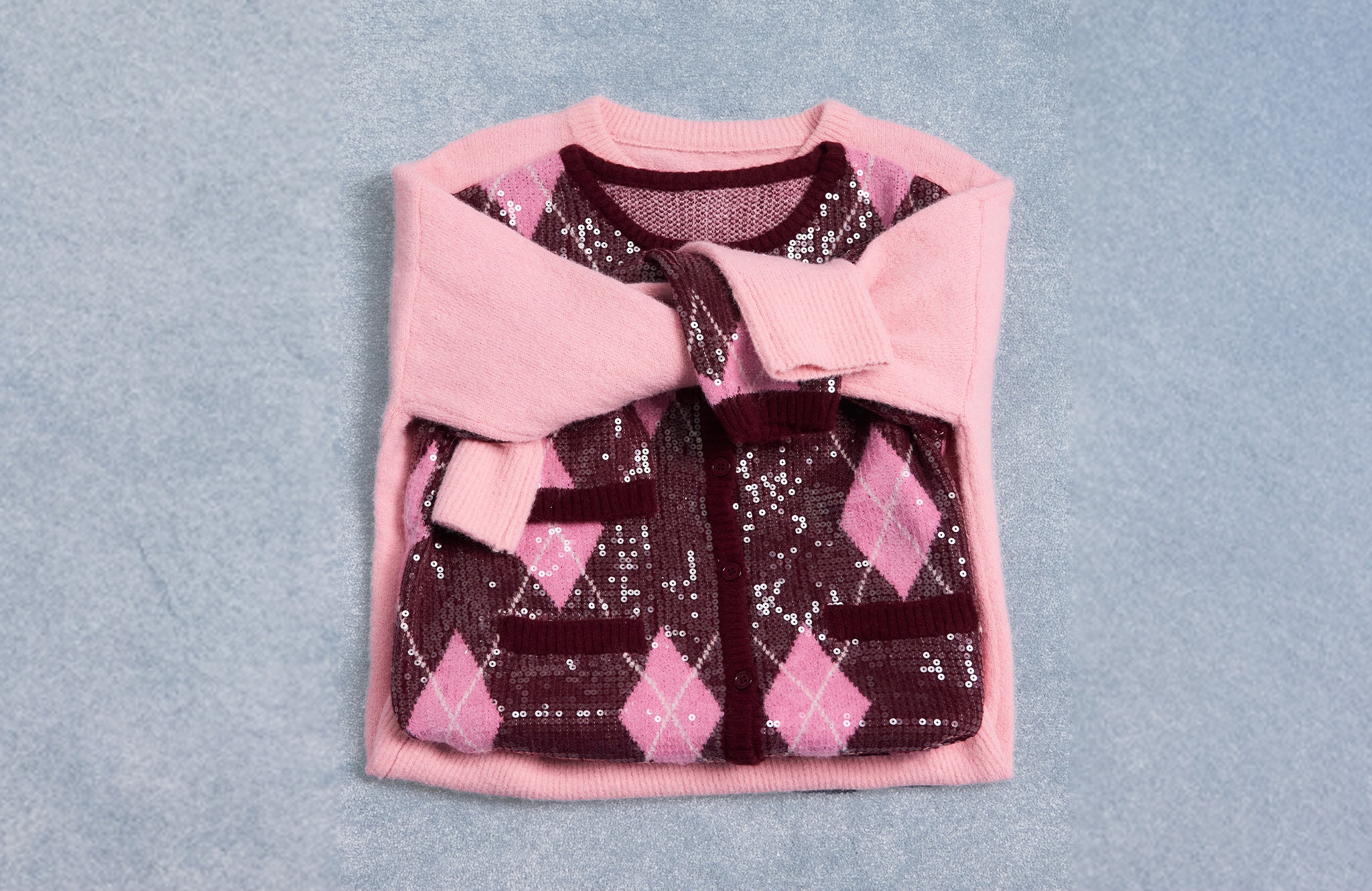 Folded Lifestyle Argyle Crew Neck Clear Sequin Cardigan