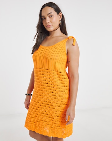 Orange Tie Shoulder Crochet Look Mini Dress