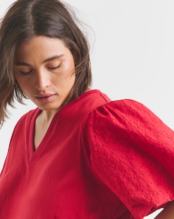 Red Broderie Sleeve V Neck T-Shirt