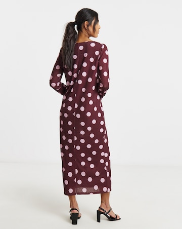 Burgundy And Pink Spot Print Mesh Midi Dress