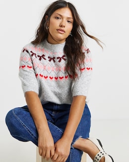 Simply Be Brushed Yarn Grey Fairisle Short Sleeve Knitted Jumper