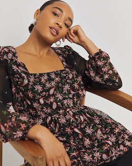 Black Floral Square Neck Smock Blouse with Lace Trim &amp; Frill Details