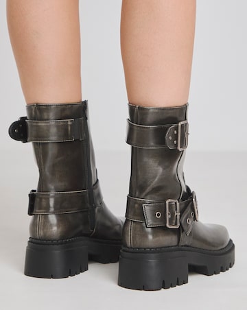 Stevie Multi Buckle Chunky Ankle Biker Boots Wide E Fit