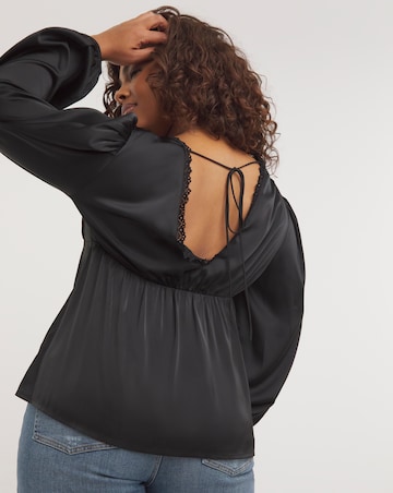 Black Lace Trim Satin Blouse