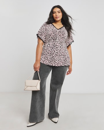 Foil Firework Print Wrap Top With Shirred Cuff