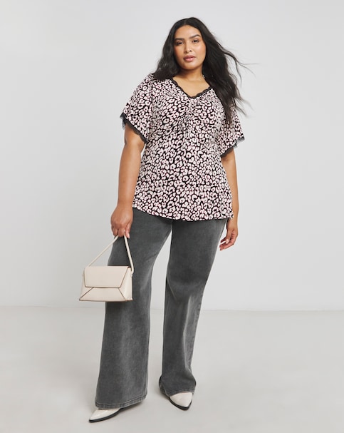 Foil Print Wrap Top With Shirred Cuff