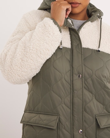 Khaki Quilted Shearling Hooded Maxi Coat