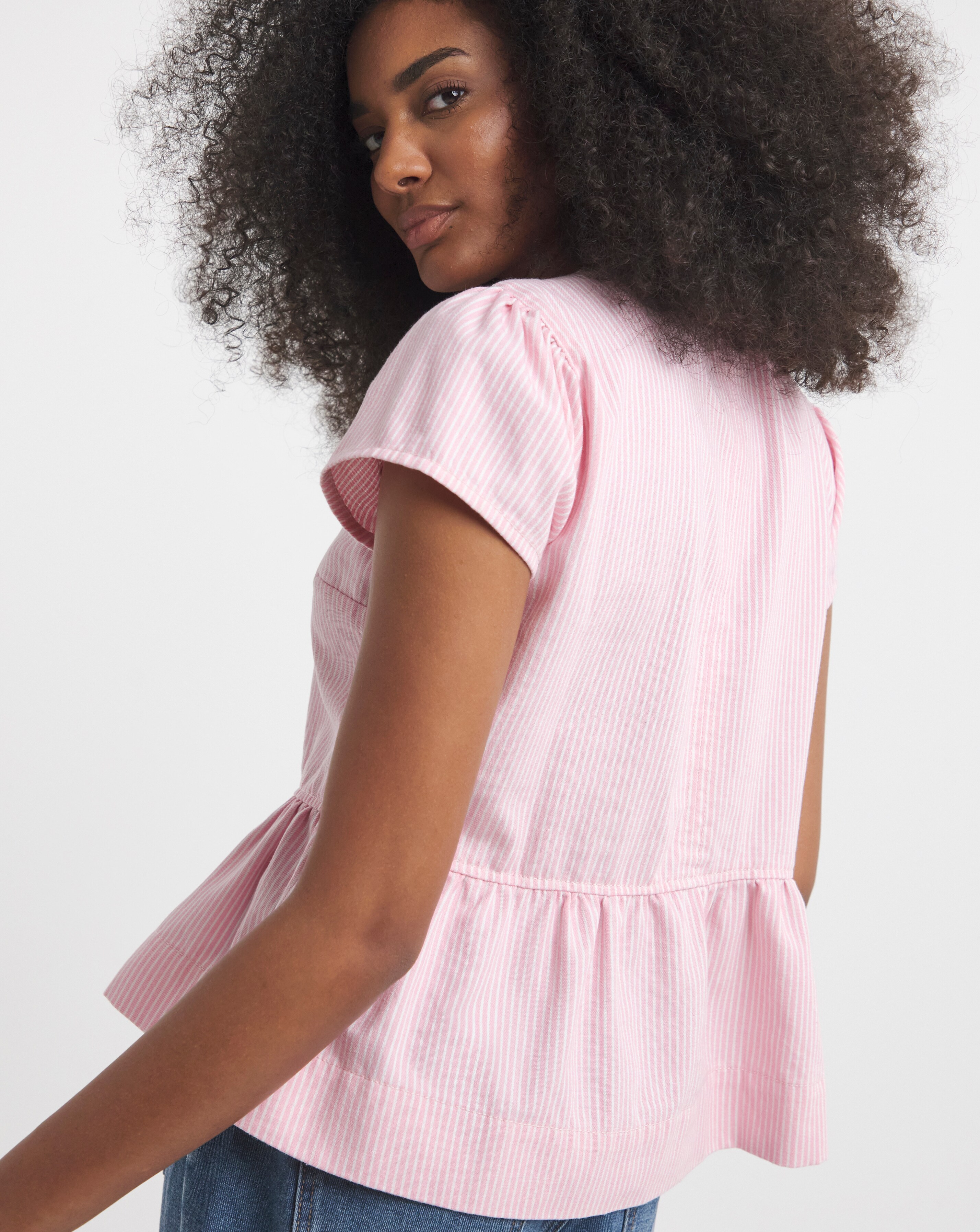 Simply Be Pink Stripe Denim Button Up Peplum Top | Simply Be