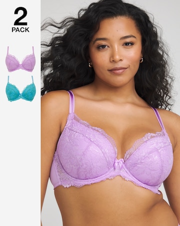 Pretty Secrets (2 Pack) Ella Lace Padded Plunge Wired Bras (B-J) Lilac/Blue