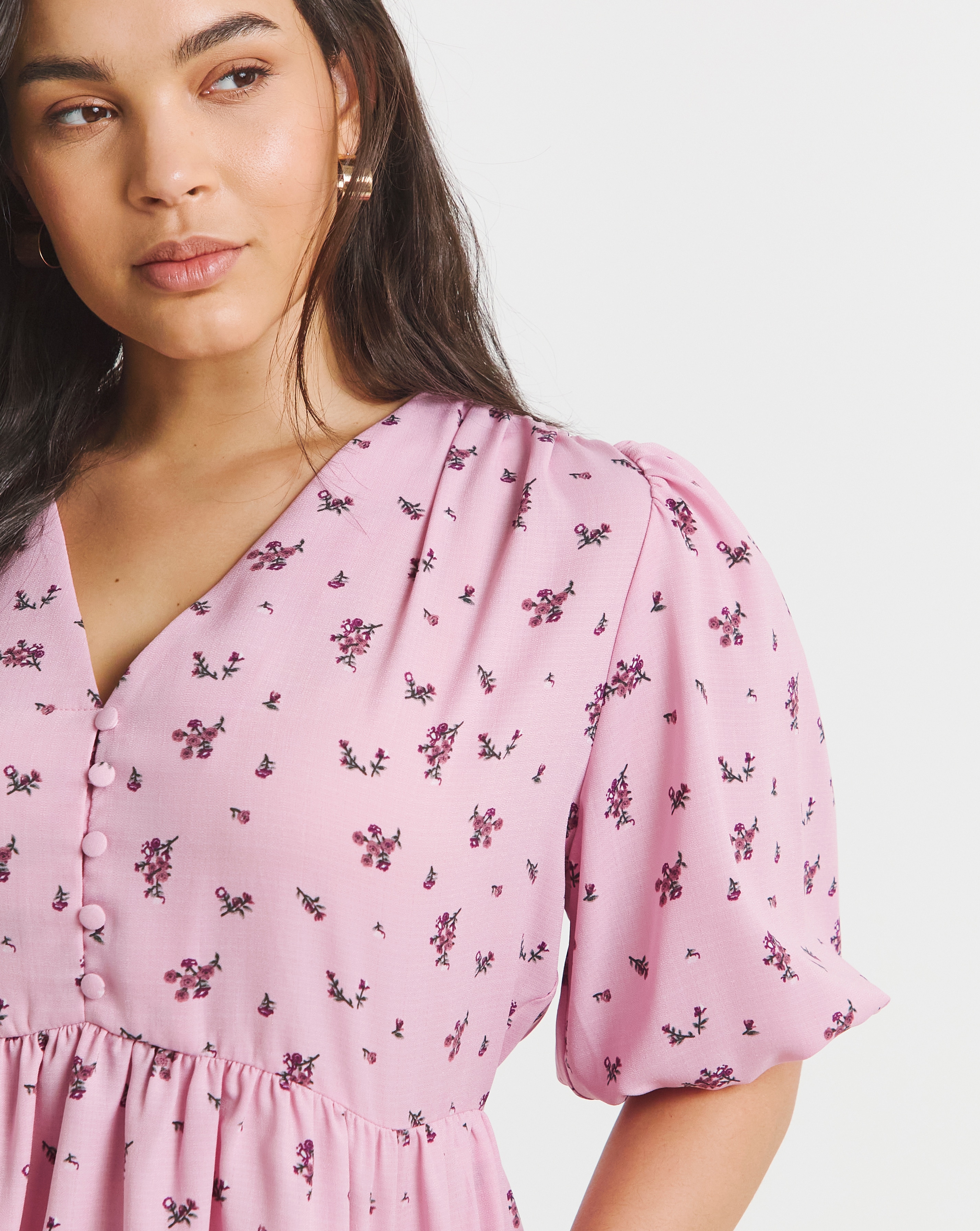 Simply Be Pink Printed Button Through Peplum Blouse | Simply Be