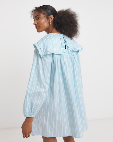 Neon Rose Printed Cotton Seersucker Stripe Smock Dress with Smocking and Collar