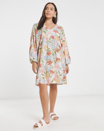 Floral Printed Linen Blend Smock Dress