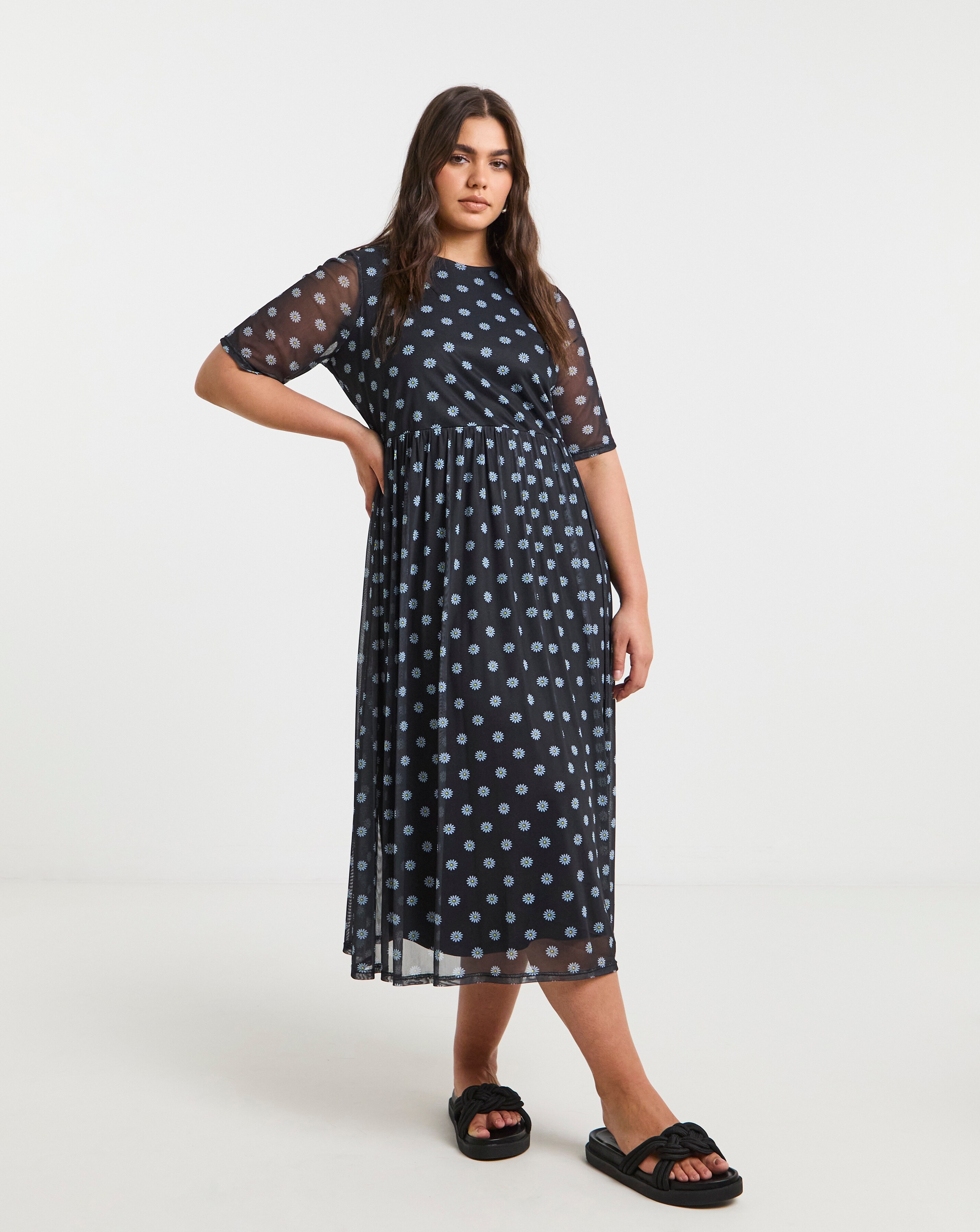 Simply Be Black Daisy Printed Mesh Midi Dress