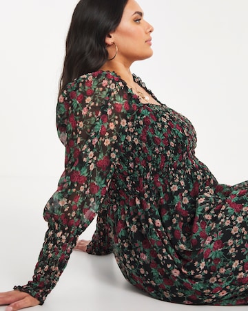 Floral Print Long Sleeve Shirred Chiffon Maxi Dress