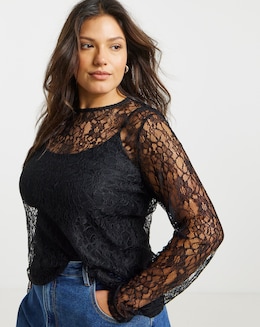 Black Lace Crew Neck Top
