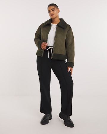 Khaki Zip Through Suedette Aviator