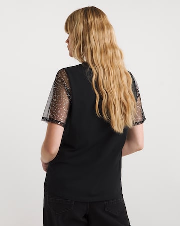 Black Foil Print Mesh Sleeve Tee