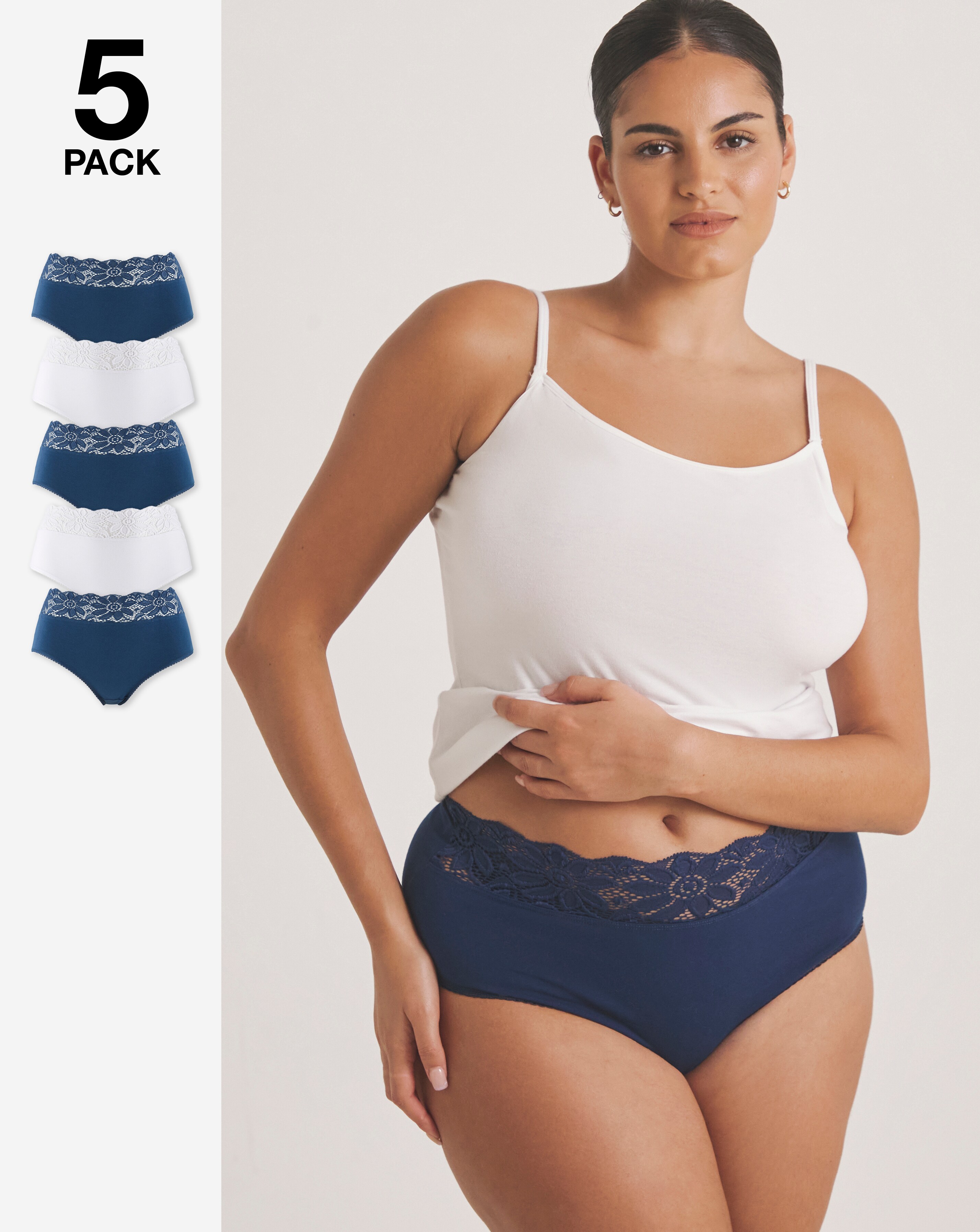 Pretty Secrets (5 Pack) Lace Top Full Brief Knickers Navy/White