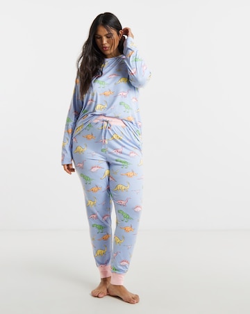 Chelsea Peers Classic Crew Neck Pyjama Set Dinosaur Print