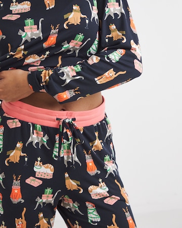 Chelsea Peers Jersey Crew Neck Christmas Cat Print Pyjama Set