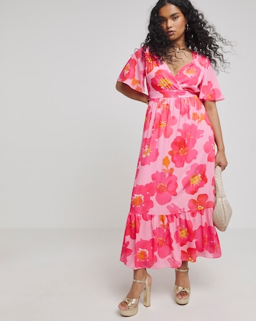 Twisted Wunder Pink Flower Chiffon Frill Hem Maxi Dress