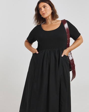 Black Jersey Poplin Mix Apron Dress With Pockets