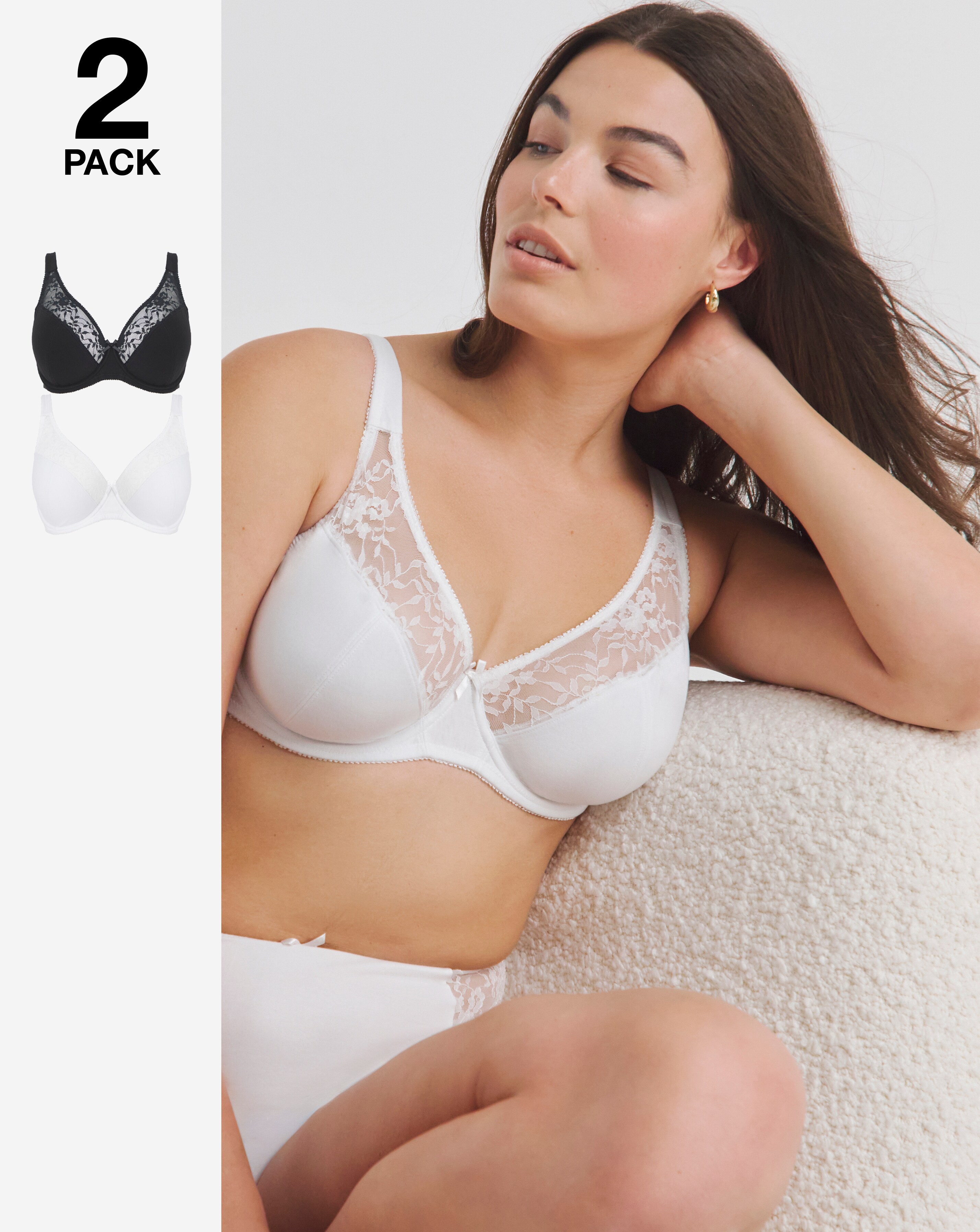 Pretty Secrets (2 Pack) Cotton Lace Full Cup Wired Bras (B-G) White/Black