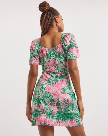 Tropical Floral Print Twist Front Skater Dress