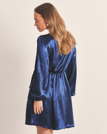 Blue Satin Tie Front Long Sleeve Dress