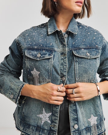 Simply Be X Twisted Wunder Mid Wash Star Embellished Boyfriend Denim Jacket