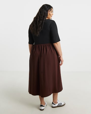 Simply Be Black and Chocolate Jersey Woven Mix Midi Dress With Pockets