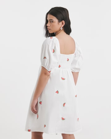 White Poplin Embroidered Fruit Skater Dress
